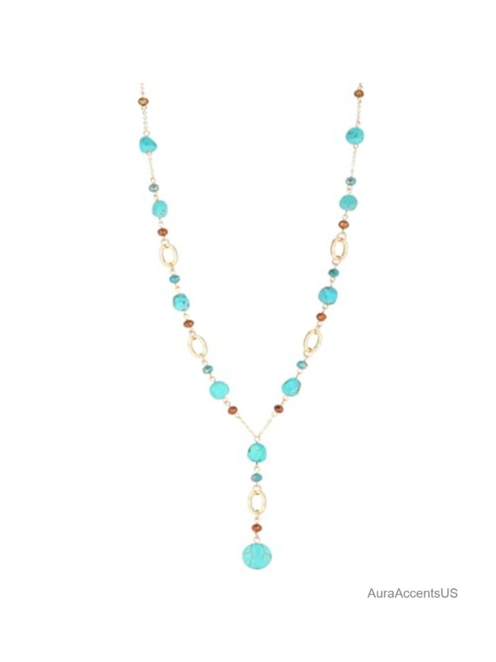 Long Gold Beaded Y Necklace Natural Stone Pendant Sweater Chain 29 in